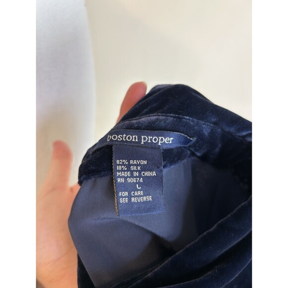 Boston Proper L Silk Velvet Button Up Shirt Top Blouse Blue Long Sleeve - Picture 4 of 4